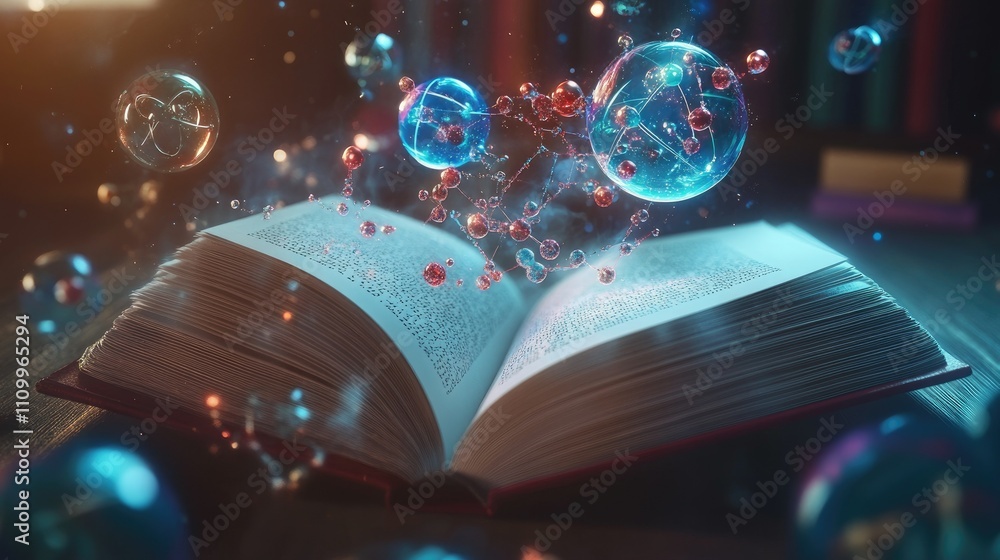 Poster floating holograms of atoms and molecules wrap around an open book in a dim environment