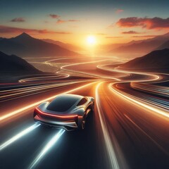 Obraz premium futuristic car drives at high speed along a serpentine road towards the sunset
