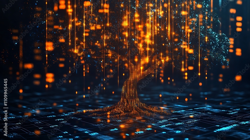 Poster glowing digital tree with data streams.