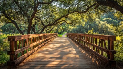 Obraz premium Wooden Bridge Through Forest with Sunlight Dappled Path