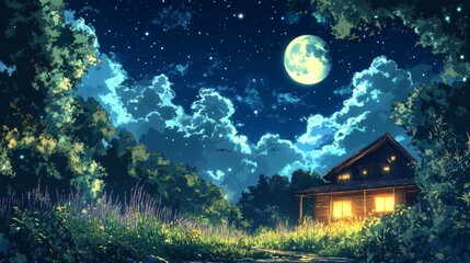 Naklejka premium A cozy cabin with glowing windows sits nestled in a lush forest under a starry night sky with a full moon.