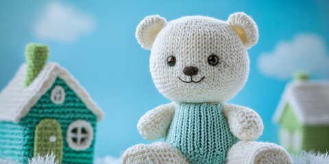 A close up of cute knitted toys, including an adorable white bear with big eyes and a smiling face wearing light blue, generative AI