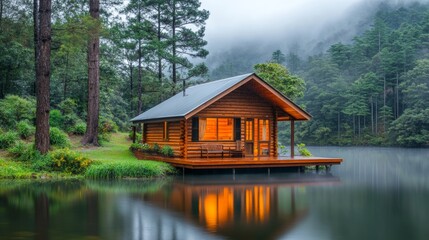 Obraz premium A cozy wooden cabin sits on a dock overlooking a misty lake, surrounded by lush green trees.