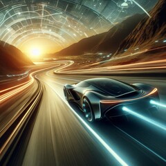 Obraz premium futuristic car drives at high speed along a serpentine road towards the sunset