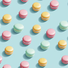 Pastel macarons seamless pattern baby blue background baking concept dessert cafe print french sweet food tile chef baker confectionery wrapping cute snack texture modern fun