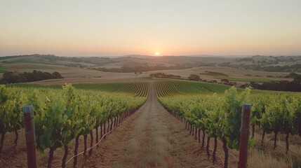 A dirt path winds through rows of lush green grapevines leading to a distant sunset over rolling hills.