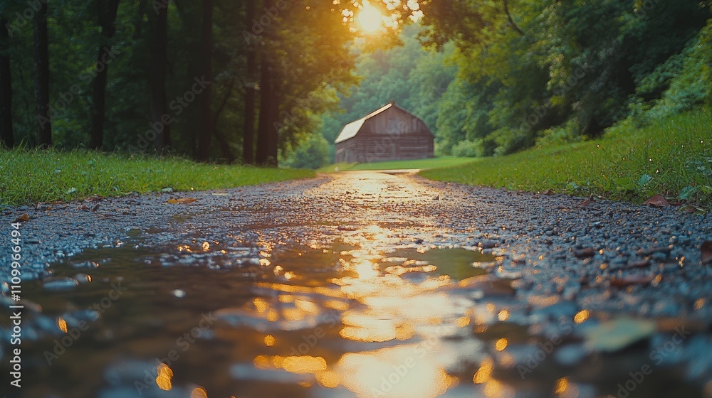 Poster a gravel path leading towards a rustic barn with the setting sun casting a warm glow on the water pu