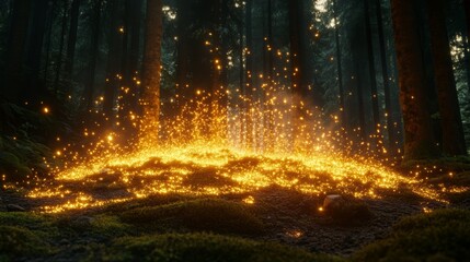 A glowing, magical energy bursts forth from the forest floor, surrounded by tall trees.