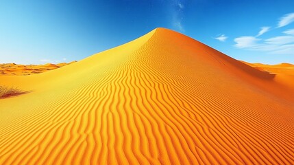 A golden sand dune with rippled patterns stretches under a clear blue sky.