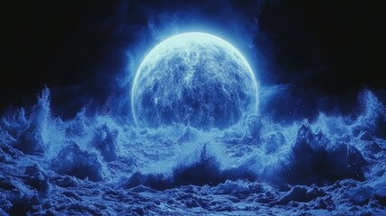 A large, full blue moon shines brightly over a stormy, turbulent sea.