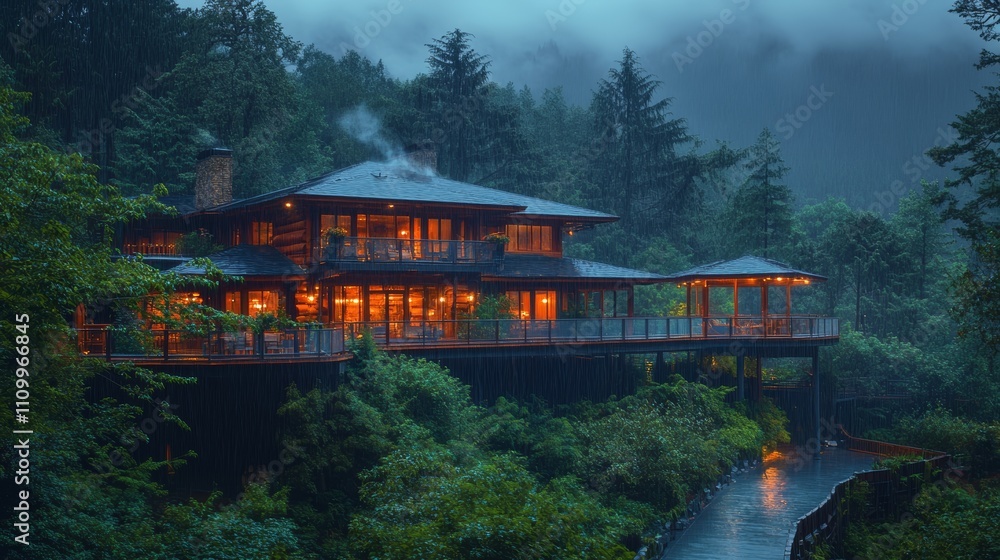 Poster a large, modern cabin with a river and trees in the background. the cabin is lit up and has a large 