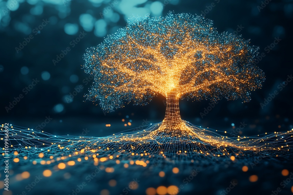 Poster a glowing digital tree made of particles, symbolizing nature and technology integration.