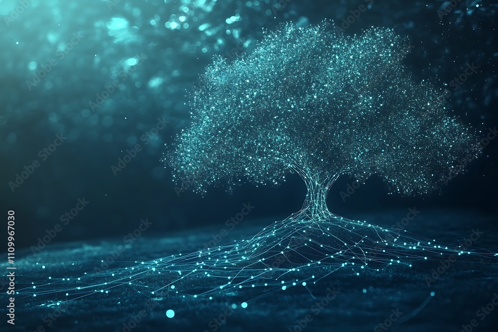 Poster a digital representation of a tree with glowing connections, symbolizing nature and technology.