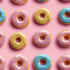 Colorful donut wallpaper design with pink yellow blue frosting seamless texture fun dessert pattern bakery visual for food bloggers packaging branding sweet snack repeat