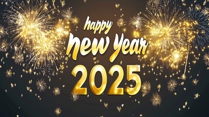 Golden "happy new year 2025" on dark background New Year with fireworks. New Year's Eve Celebration. Golden fireworks in the dark night sky