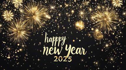 Golden "happy new year 2025" on dark background New Year with fireworks. New Year's Eve Celebration. Golden fireworks in the dark night sky