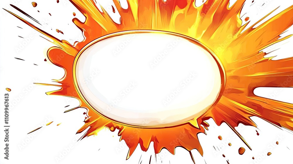 Poster a vibrant explosion graphic with an empty oval space for text or images.