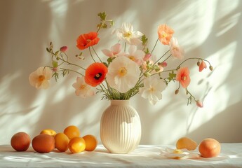 Elegant Still Life with Colorful Flowers and Fresh Fruits in Soft Natural Light, Showcasing a Inviting and Lush Composition for Home Decor and Lifestyle Themes