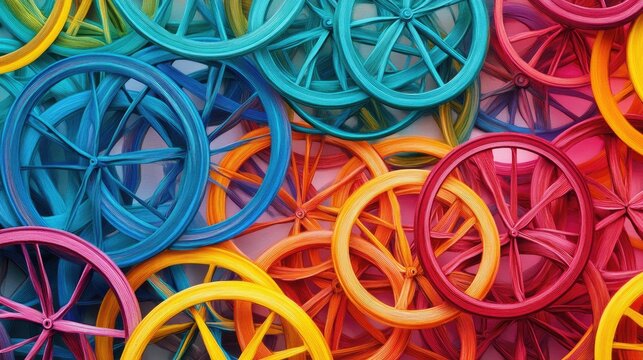 Interconnected bicycle wheels in vibrant colors, forming a mesmerizing abstract pattern against a plain background.