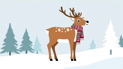 A cheerful reindeer wearing a colorful scarf in a snowy landscape.