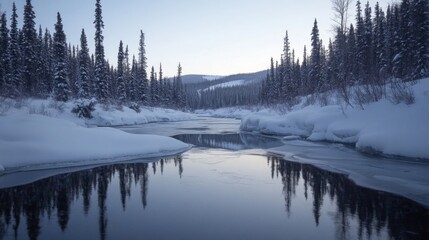 A Winding River Through a Snowy Forest