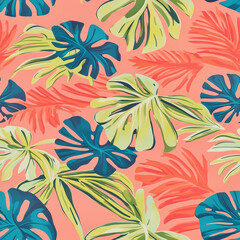 Tropical leaf seamless pattern coral background monstera palm foliage textile design for fashion apparel swimwear wallpaper resort branding summer vibe botanical print