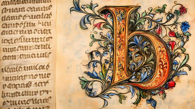 Intricately illuminated medieval manuscript page featuring a grand historiated initial letter adorned with foliage,. Illuminated. Illustration
