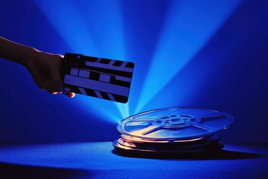 Hand holds a clapperboard over film reels. Perfect for movie, film, or cinema projects.