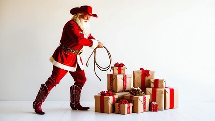 A festive cowboy in red preparing Christmas gifts joyfully.