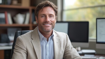 Seated at a desk adorned with computers, a business owner wears a light blazer and striped shirt, radiating warmth and confidence in bright, natural light