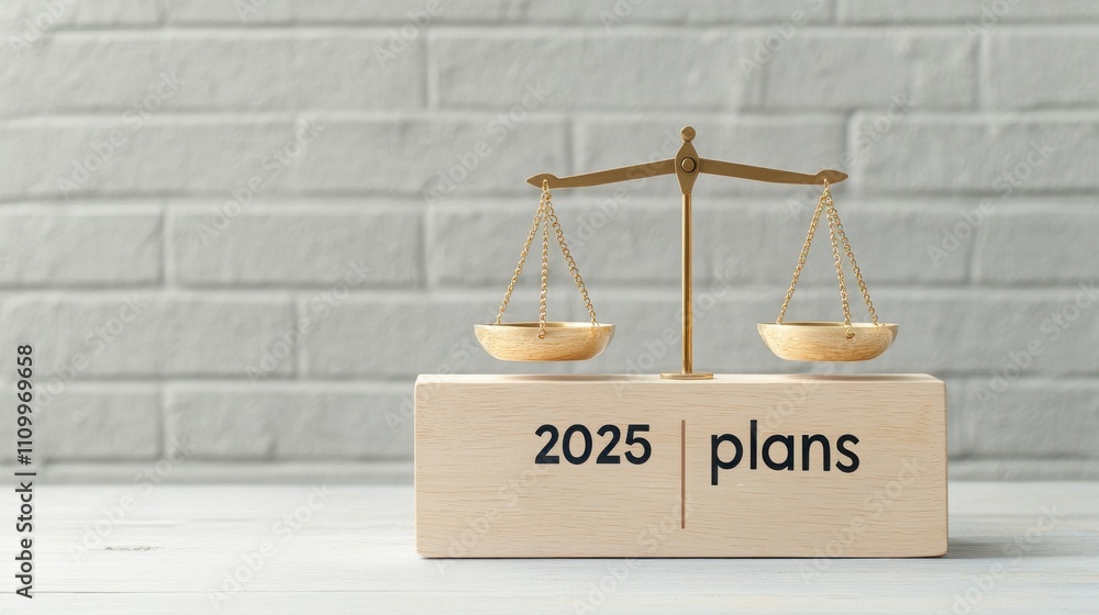 Poster setting 2025 goals with vision and challenges. balance scale representing future planning for 2025.