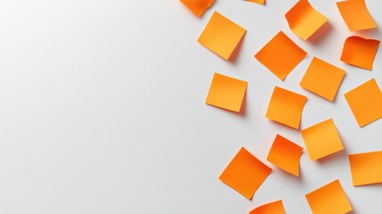 Minimalistic composition of scattered orange sticky notes on a simple white backdrop