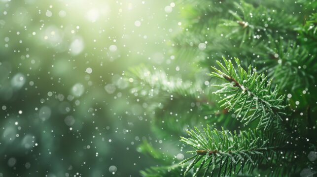 green winter background with snowy fir tree branches and falling snow. Christmas background. Winter forest