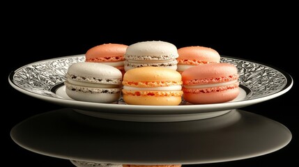Fototapeta premium Six Colorful Macarons with White Filling on a Plate with Black and White Pattern