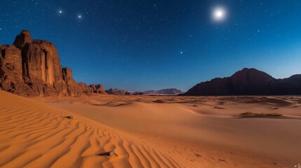 A Nighttime View of a Desert Landscape with a Starry Sky and a Bright Moon