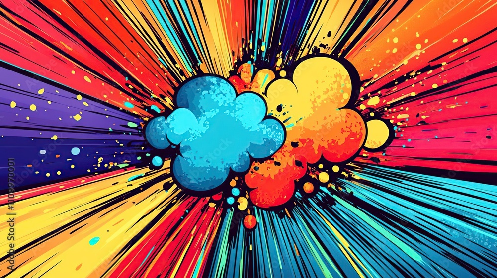 Poster colorful explosion of clouds with dynamic lines, creating a vibrant and energetic visual effect.