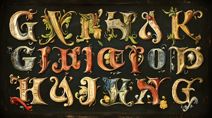 Alphabet of early century. Illuminated. Illustration