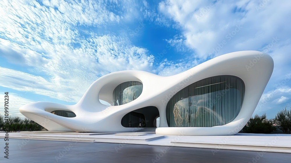 Poster modern wavy white structure in a sleek design, blending geometry with open sky for a serene atmosphe