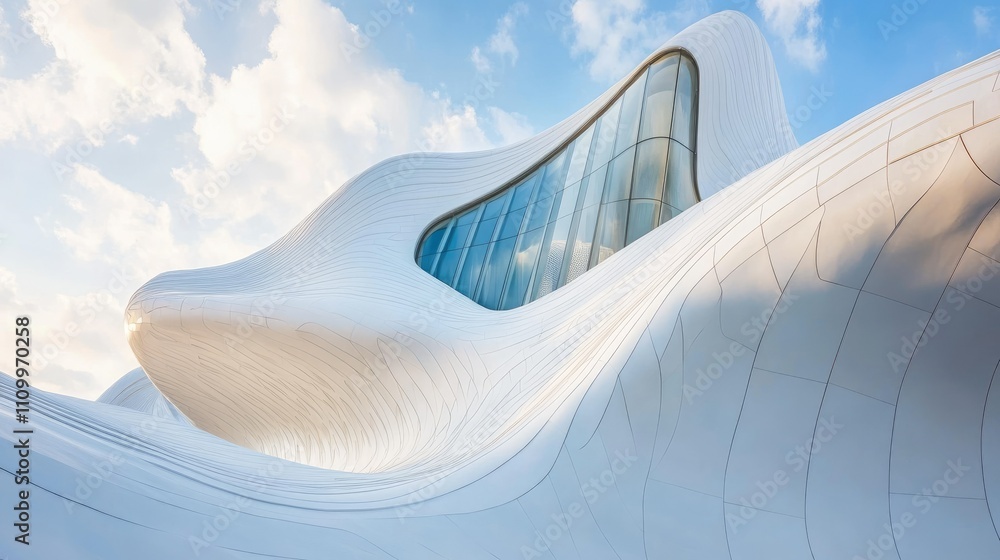 Poster modern wavy white structure in a sleek design, blending geometry with open sky for a serene atmosphe