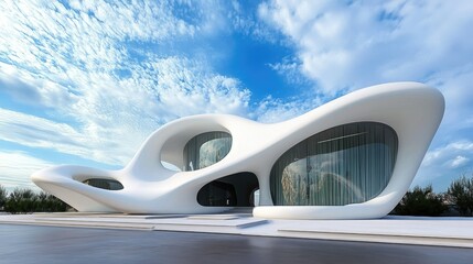 Obraz premium Modern wavy white structure in a sleek design, blending geometry with open sky for a serene atmosphere