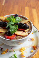 A view of a bowl of overnight oats.