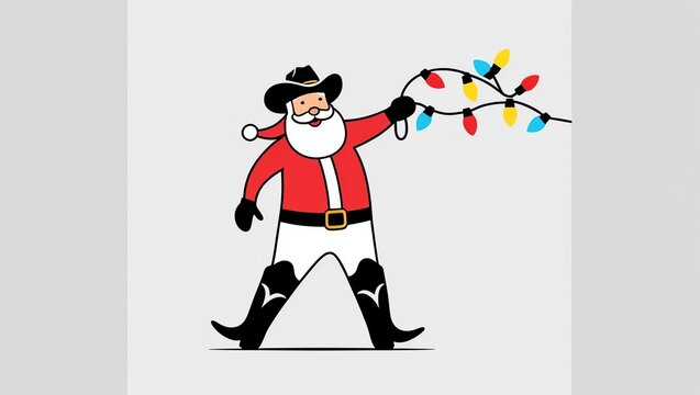 A festive Santa in cowboy attire holding Christmas lights.