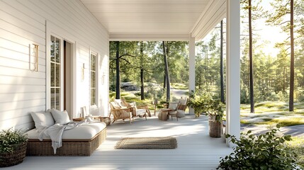 A Scandinavian-inspired house with clean white walls, wooden accents, and an open-air terrace with a beautiful forest view.
