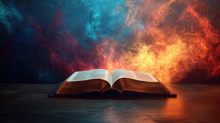 Mysterious Bible on a table, divine ray shining on it, with a vibrant horizon full of dramatic colors.