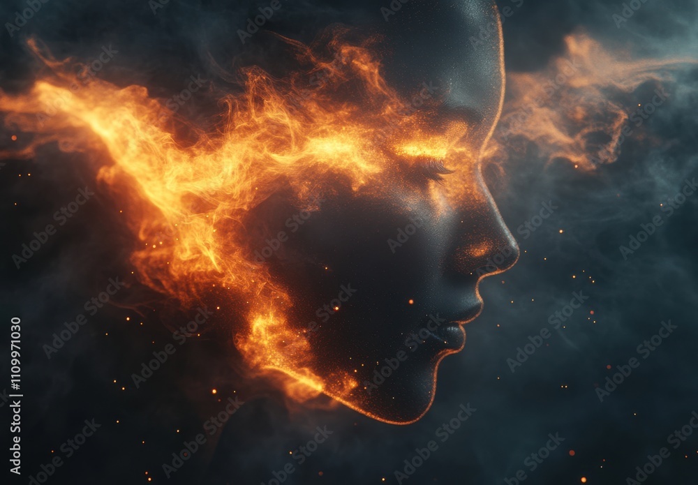 Poster ethereal portrait with fiery elements and smoky textures showcasing a human face merging with flames