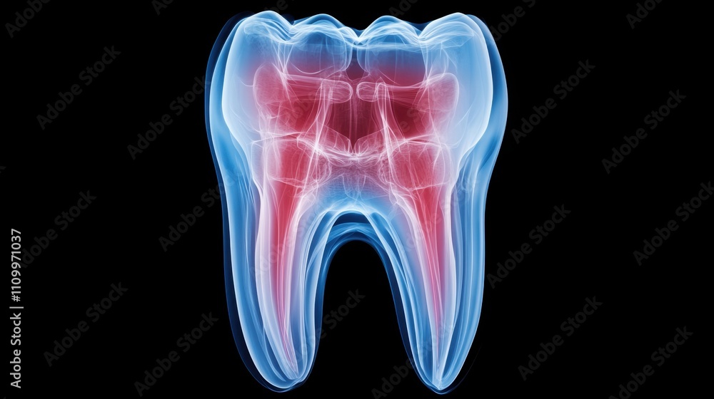 Poster detailed x-ray image of a tooth with colorful internal structures