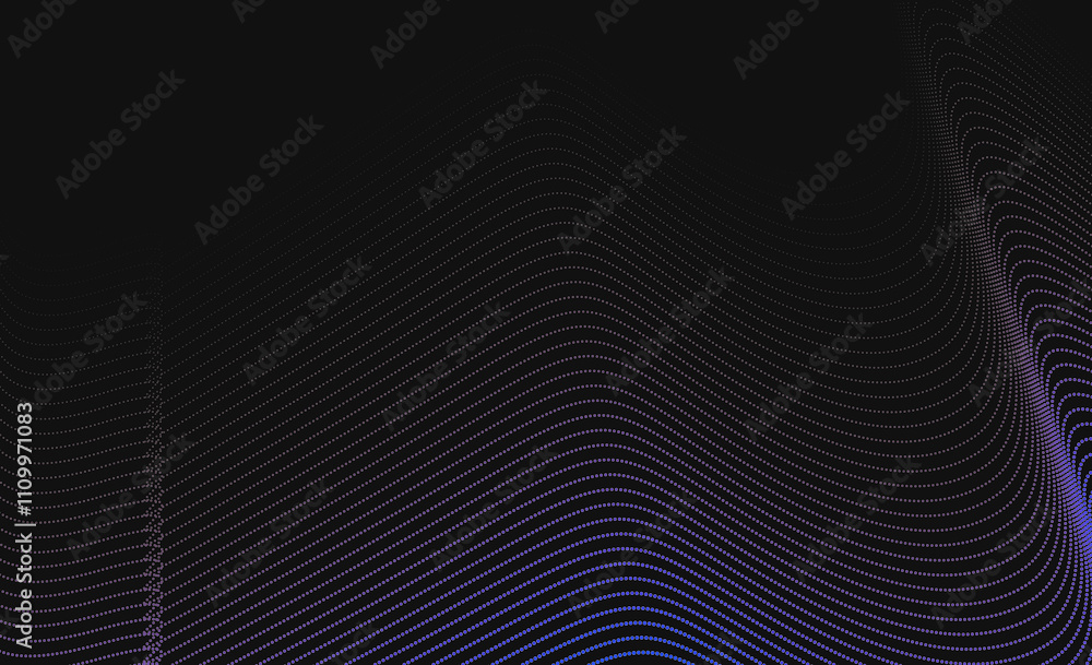 Poster dark blue purple halftone dots abstract background with glowing wave. shiny moving lines design elem