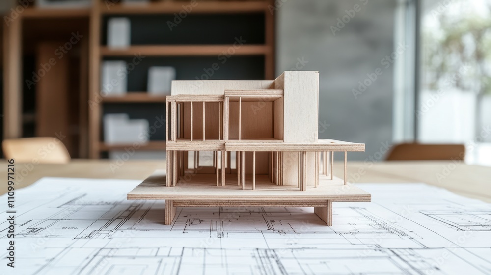 Poster detailed architecture model on blueprint background in modern setting
