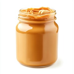 A jar of creamy peanut butter with whole peanuts, isolated white background, pop art style