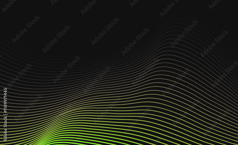 Poster green halftone abstract wave with dark background. abstract green dots background with waves for ban